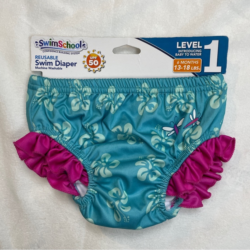 13 - 18 lbs 6 Months Reusable Swim Diaper - Blue & Pink Ruffles UPF 50